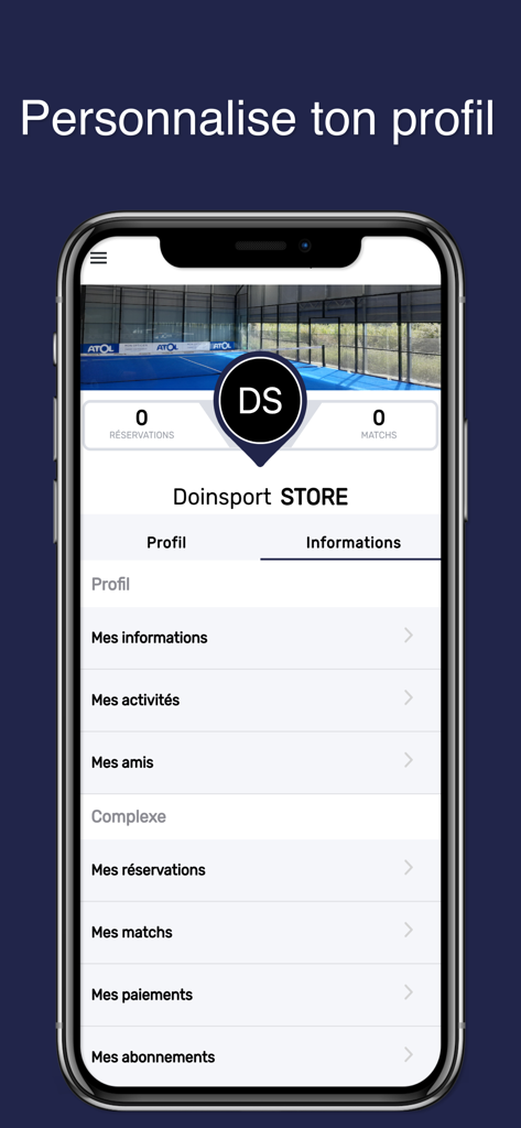 Pantalla de perfil de usuario en la aplicación Area Padel Club que muestra opciones de reservas, partidos y amigos