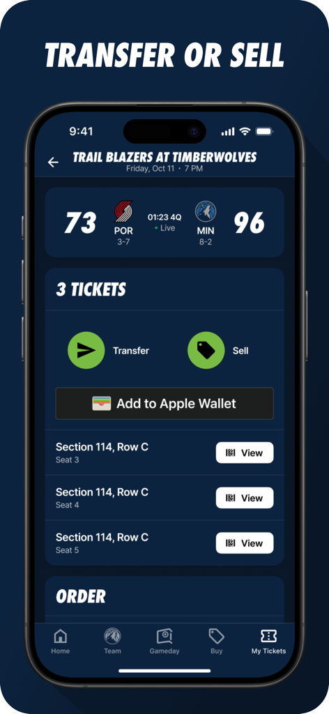 Minnesota Timberwolves - ミネソタ・ティンバーウルブズアプリの画面。試合チケットの管理と譲渡用です。