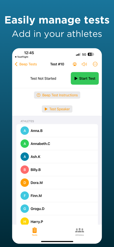 Beep Test for VO2 Max - Athlete roster and test management interface in the Beep Test for VO2 Max app