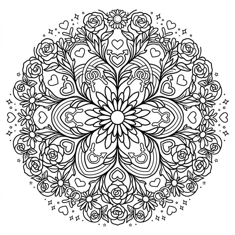 Immerse yourself in a beautiful blend of nature and celebration with this Kaleidoscope Flowers coloring page. Its intricate floral patterns, interwoven with symbols of love and diversity, make it a perfect tribute to Pride Month.