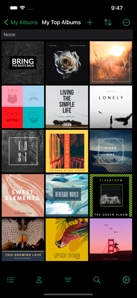 Interface de l'application MusicBuddy montrant une collection d'albums de musique dans une disposition en grille.