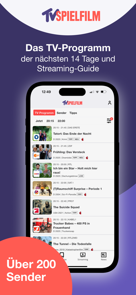 L'app TV SPIELFILM mostra le liste dei programmi TV tedeschi e la guida allo streaming