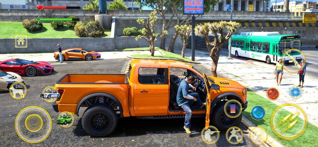 Character entering an orange truck in the open world of Gangster Simulator Crime Games