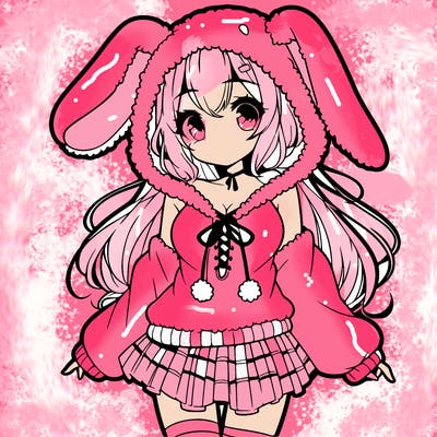 pretty anime girl wearing a fluffy hoodie with bunny ears on the hood and a skirt