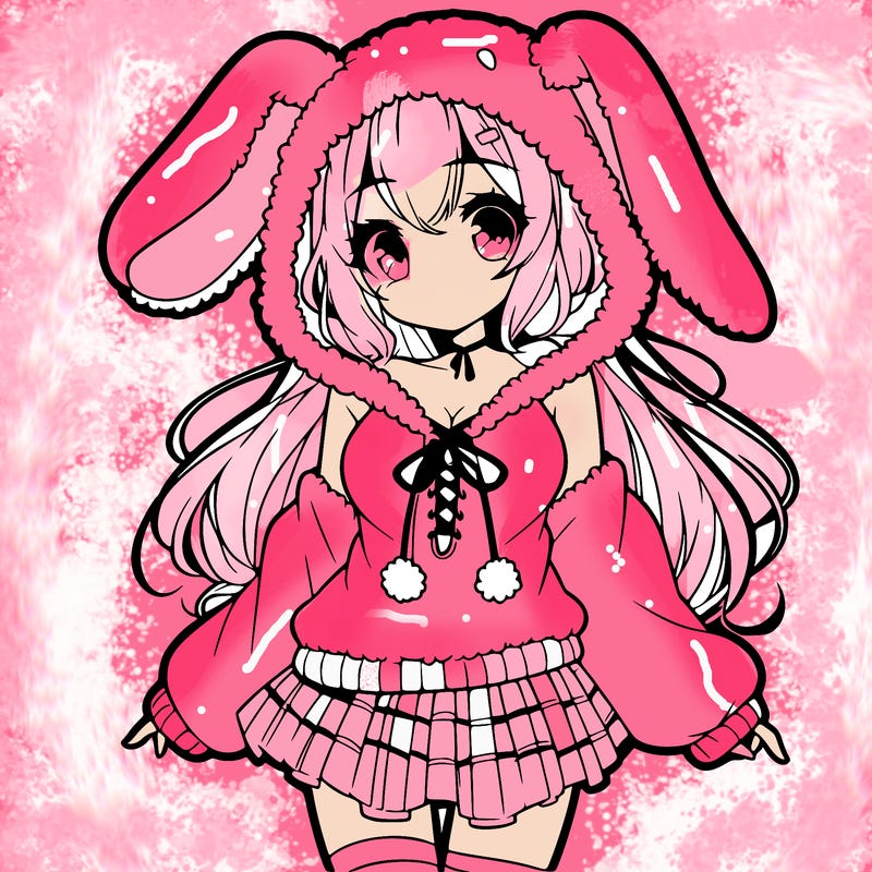 pretty anime girl wearing a fluffy hoodie with bunny ears on the hood and a skirt