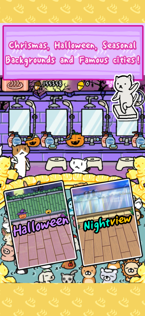 Customizable seasonal backgrounds and city themes in Animal Hot Springs mobile game.