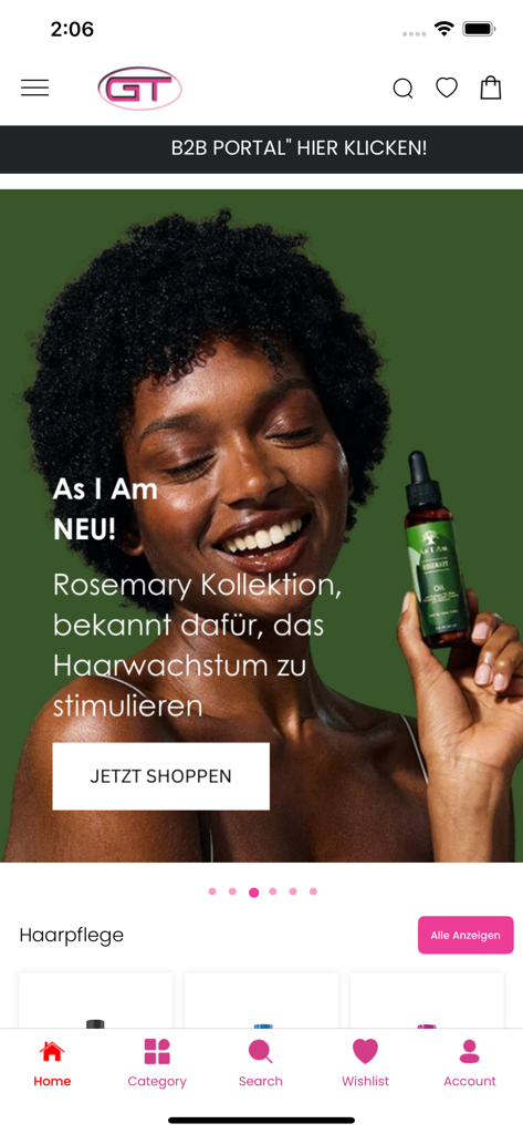 Startbildschirm der GT World of Beauty App mit einer Frau mit natürlichem Haar und As I Am Rosemary Oil zur Förderung des Haarwachstums.