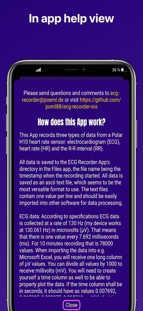 ECG Recorder for Polar H10 - In-app help view showing technical instructions and data recording specifications for the ECG Recorder for Polar H10 app.