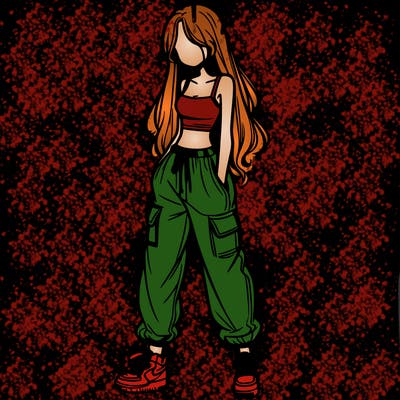 girl in baggy pants crop top and long hair