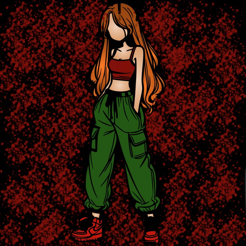 girl in baggy pants crop top and long hair