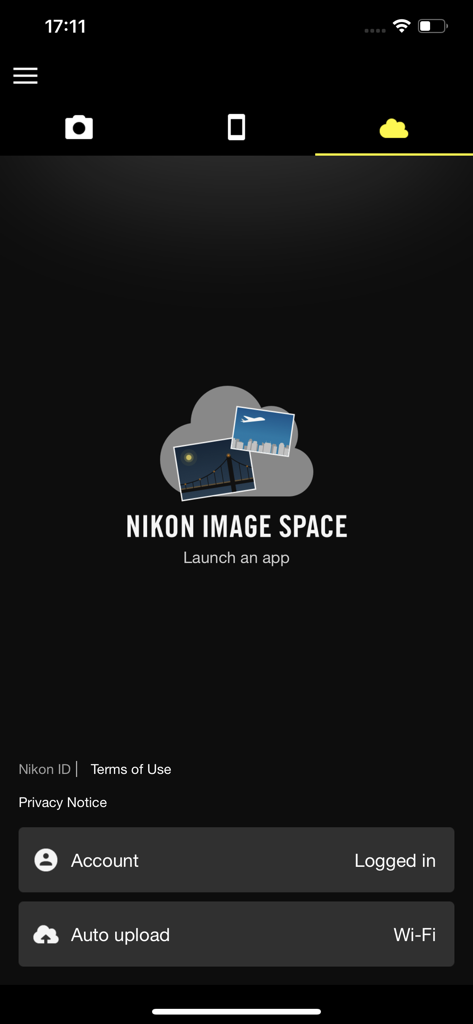 SnapBridge App-Oberfläche mit den Einstellungen für den Nikon Image Space Cloud-Speicher und aktiviertem automatischem Upload.
