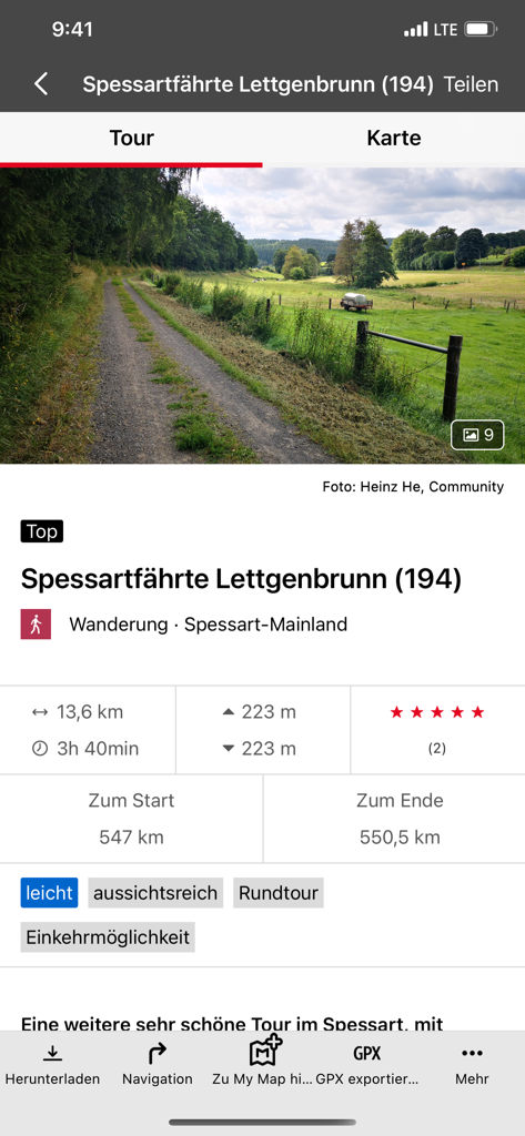 Naturfreunde Tourenportal app showing hiking route details with distance elevation and map options