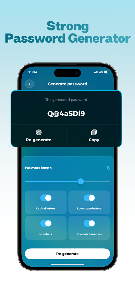 Oberfläche, die die Funktion des starken Passwortgenerators in der Authenticator App mit anpassbarer Länge und Zeichensatz-Einstellungen zeigt.