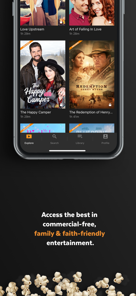 UP Faith and Family app interface displaying a collection of family and faith friendly movies