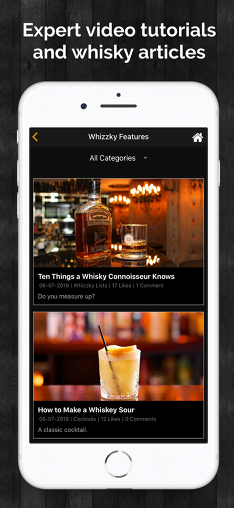 Whizzky Whisky Scanner - Interface of the Whizzky app showing whisky connoisseur articles and cocktail tutorials