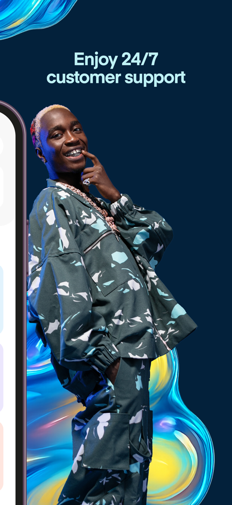 Cardtonic: Gift & Virtual Card - Cardtonic app promotional screen highlighting twenty four seven customer support with a smiling stylish young man