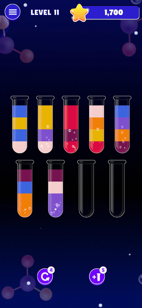Water Sort: Color Master - Mobile game interface showing test tubes with layered colored water and level eleven progress