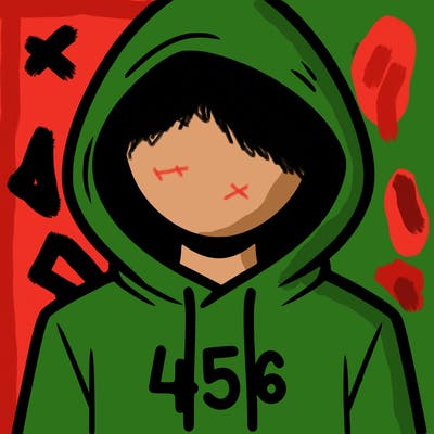 a person with non face waering a hoodie with a 456 symbol