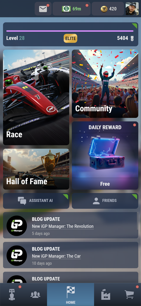 iGP Manager 26 home screen dashboard showing race modes community and daily rewards