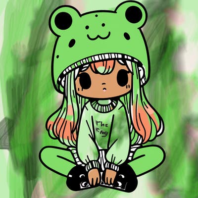 a girl wearing a frog hat and some frog socks