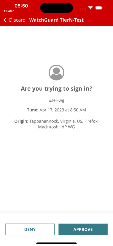 WatchGuard AuthPoint mobile interface for approving or denying a push sign-in request with login details