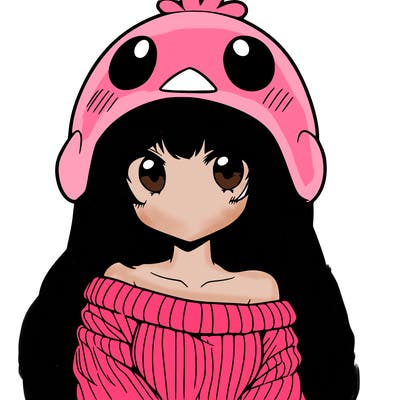 anime girl with chick shaped hat with sweater with bare shoulders with bangs covering them one eye with low tail