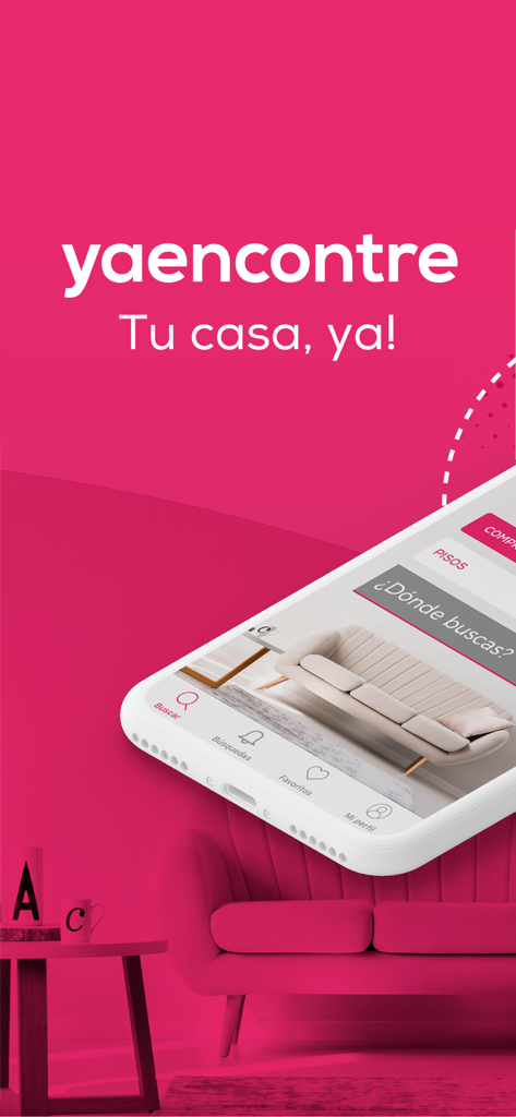 yaencontre - pisos y casas - Interfaz de la aplicación inmobiliaria yaencontre que muestra opciones de búsqueda de casas y el logo de la marca sobre un fondo rosa