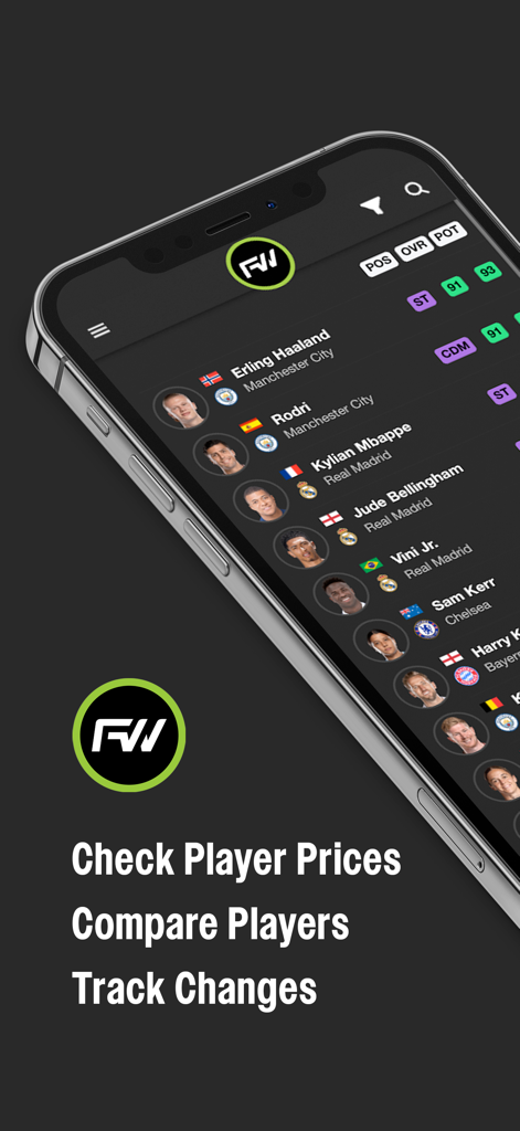 FUTWIZ Career Mode - Pantalla de smartphone mostrando la aplicación Modo Carrera FUTWIZ con una lista de valoraciones y estadísticas de jugadores de fútbol