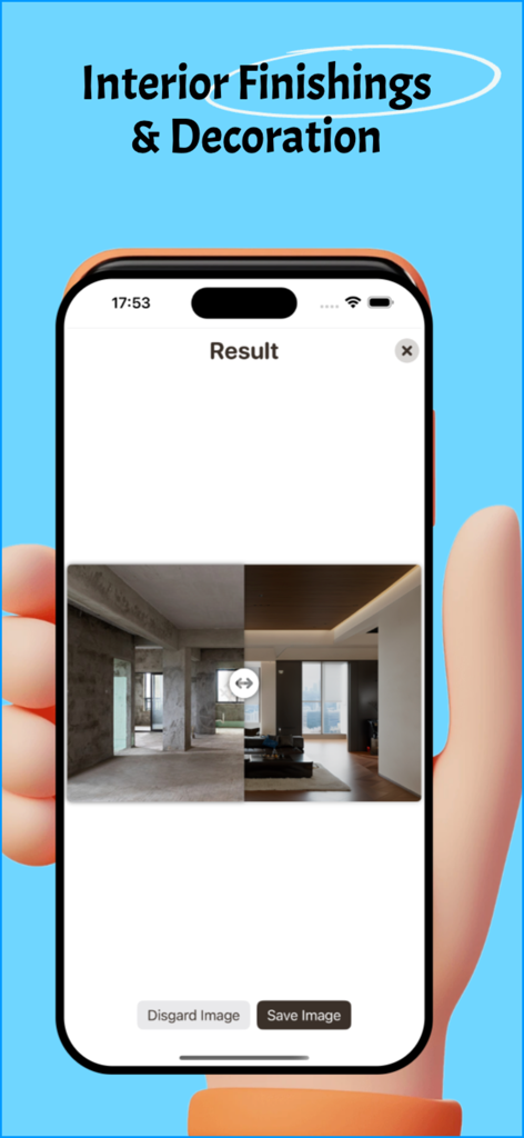 Una comparación de pantalla dividida antes y después de una habitación de concreto vacía transformada en un espacio de sala de estar moderno y decorado usando la aplicación Moe AI Image Transformer.