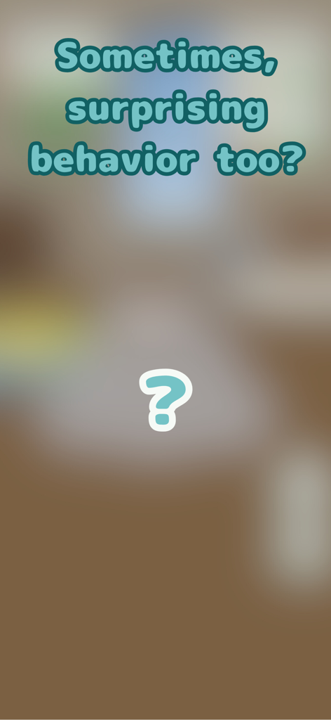 Chibi Koala: Kawaii Pet Game - Pantalla de avance de la aplicación Chibi Koala con texto sobre comportamiento sorprendente y un gran signo de interrogación.