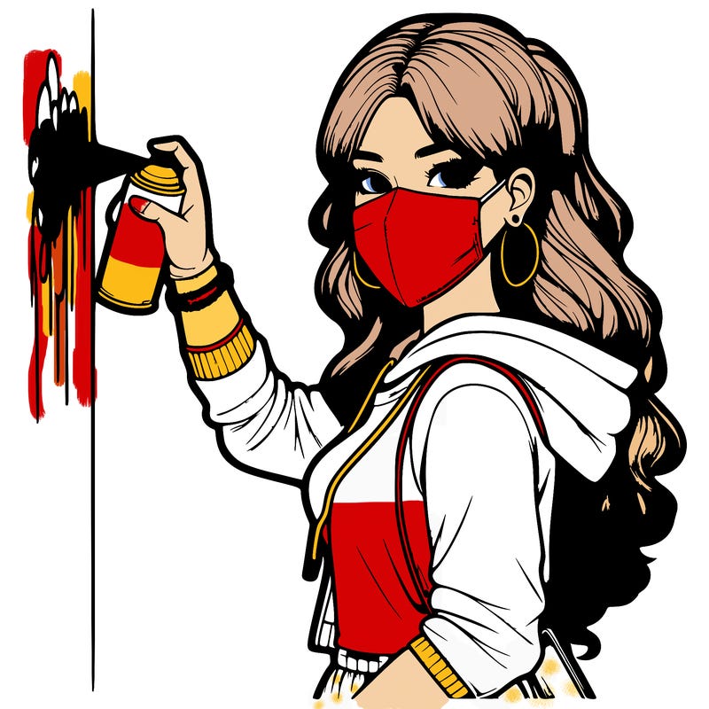 realistic girl with mask spray painting a wall