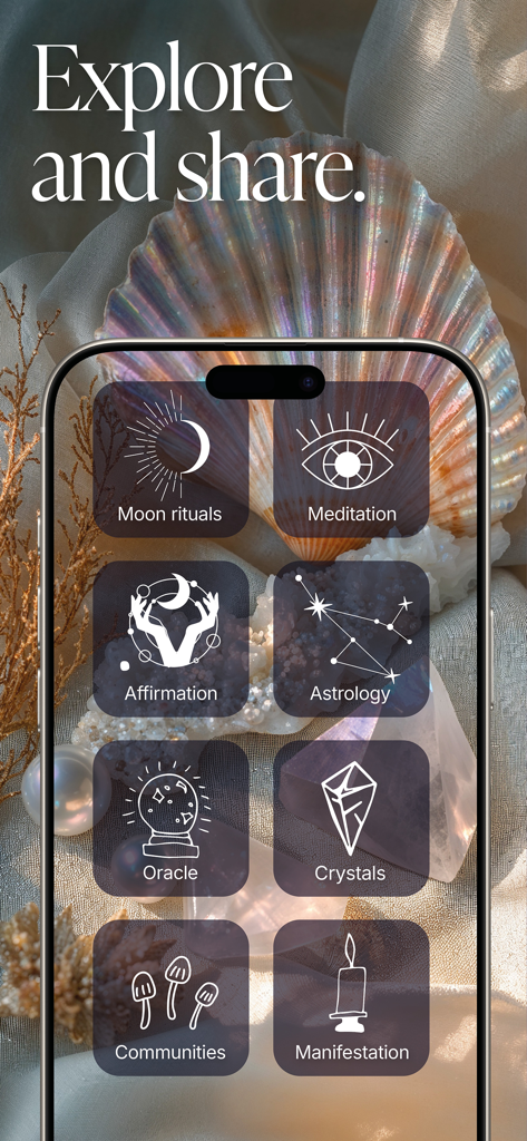 Smartphone screen showing Saged app features like moon rituals, meditation, astrology, and crystals on an aesthetic background