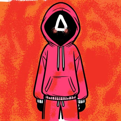 faceless girl in a tracksuit with a hood on and no hair