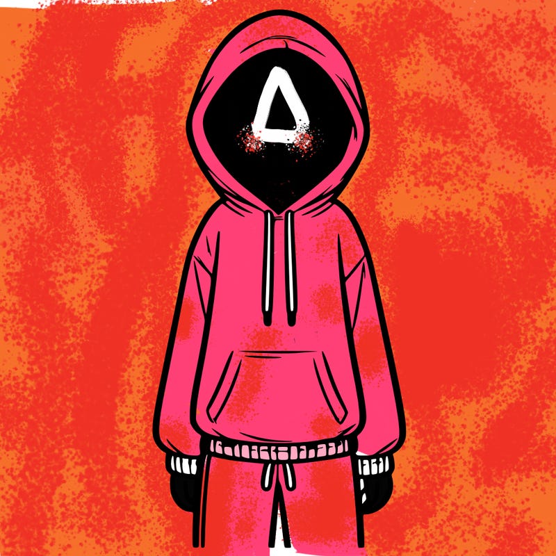 faceless girl in a tracksuit with a hood on and no hair