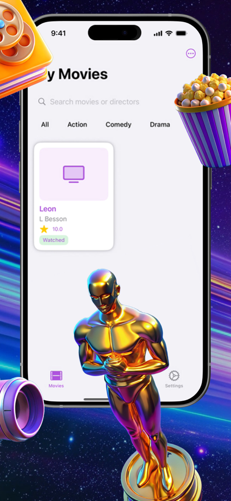 GаcpyJik:MovieMate - Interface of MovieMate app showing movie categories and a watched movie record.