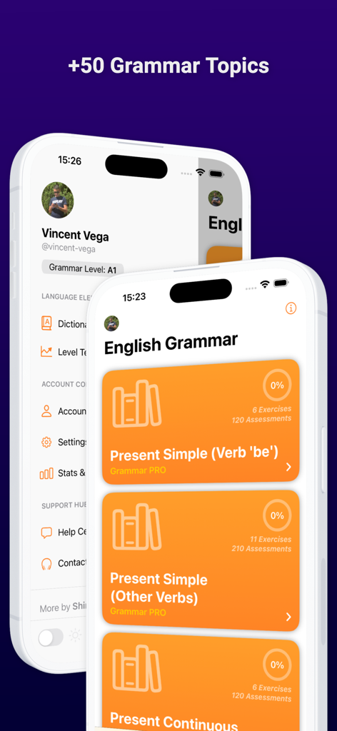 English Grammar Test PRO - English Grammar Test PRO mobile interface showing lesson topics like Present Simple and user profile level