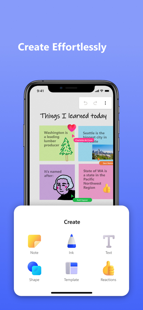 Microsoft Whiteboard - Un écran de smartphone montrant l'application Microsoft Whiteboard avec un menu de création pour ajouter des notes, de l'écriture, du texte et des formes.