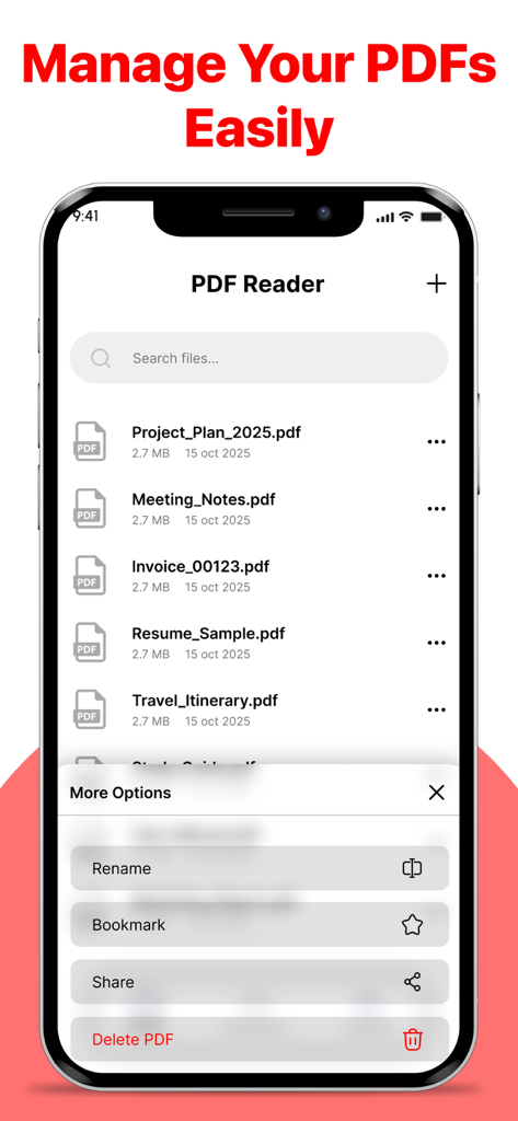 iPhone上でドキュメントのリストとファイル管理オプションを表示するPDFリーダーアプリのインターフェイス