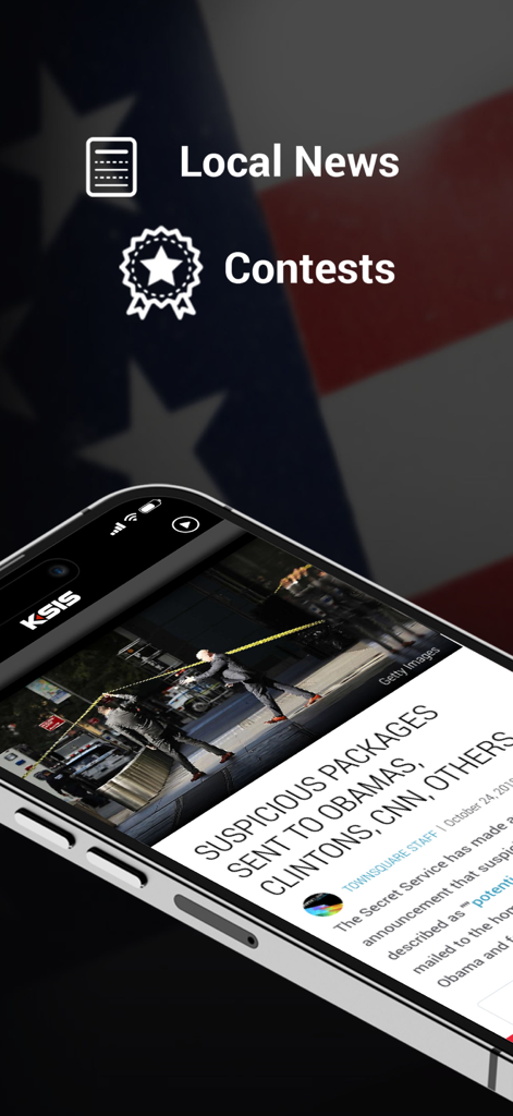 KSIS 1050 94.7 96.9 - KSIS radio app interface displaying local news and contest sections with a smartphone showing a news article