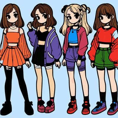 one girl with crop-top shirt and a jacket with a skirt, long socks and another girl with a shirt and pants with a jacket