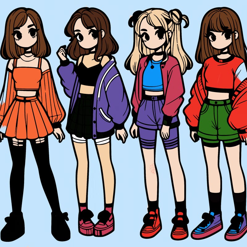 one girl with crop-top shirt and a jacket with a skirt, long socks and another girl with a shirt and pants with a jacket