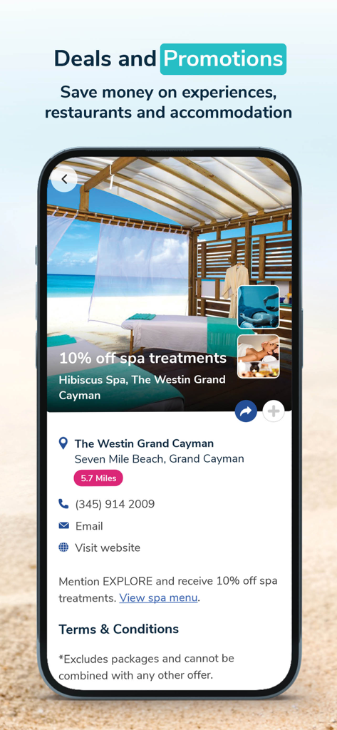 Explore Cayman - Explore Cayman app displaying a spa treatment discount at The Westin Grand Cayman