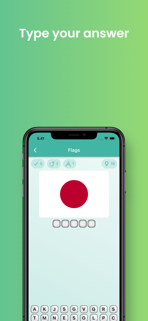Flags game - Quiz - Gameplay móvel do Flags game Quiz mostrando a bandeira do Japão com um prompt de texto para digitar a resposta.