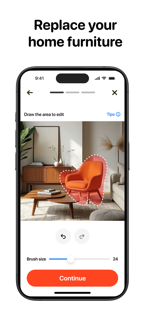 Interface of the Casa AI app showing a user selecting an orange armchair in a living room to replace it with new furniture