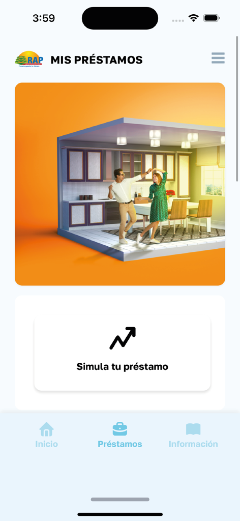 RAP App - Interface móvel do aplicativo RAP mostrando a seção de empréstimos e um botão de simulação de empréstimo para fundos habitacionais hondurenhos.