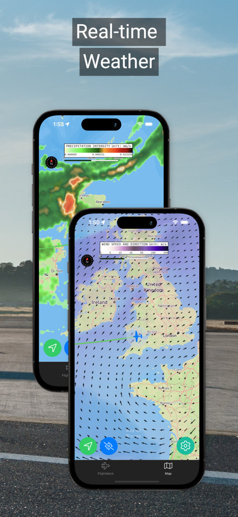 fDeck: flight instruments - fDeck App zeigt Echtzeit-Flugwetter-Overlays einschließlich Niederschlagsintensität und Windgeschwindigkeit auf einer Navigationskarte.