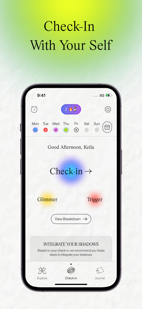 Zenfulnote: Journal & Heal - Zenfulnote app interface showing the daily check-in screen with trigger and glimmer tracking options.