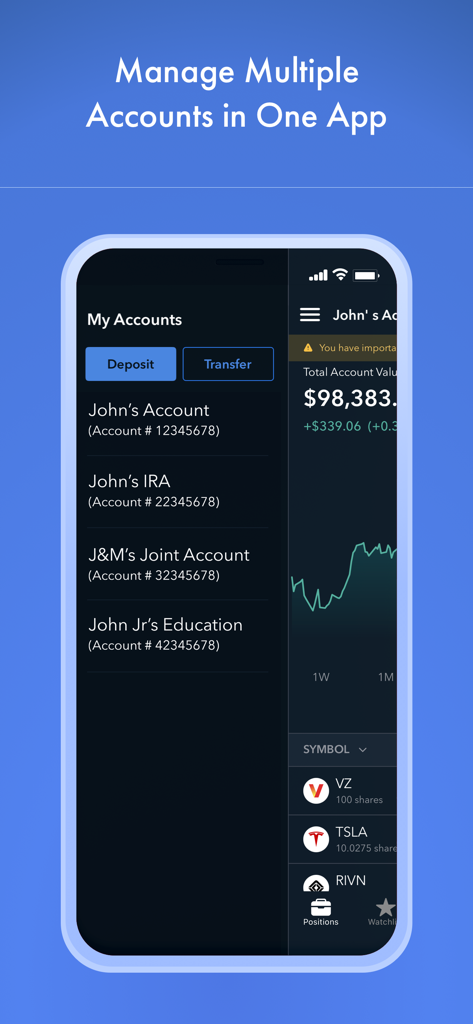 Interface de l'application Firstrade montrant la gestion de plusieurs comptes d'investissement, y compris les comptes de courtage et IRA
