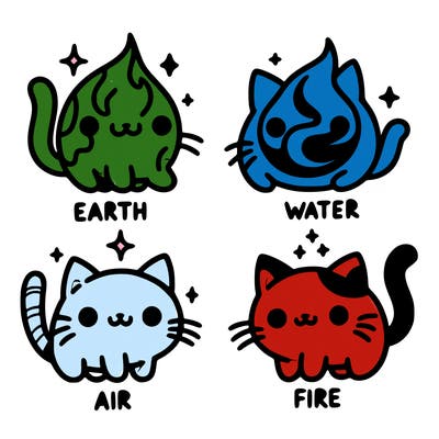 4 cats that represent the different elements, earth, water, air, and fire
