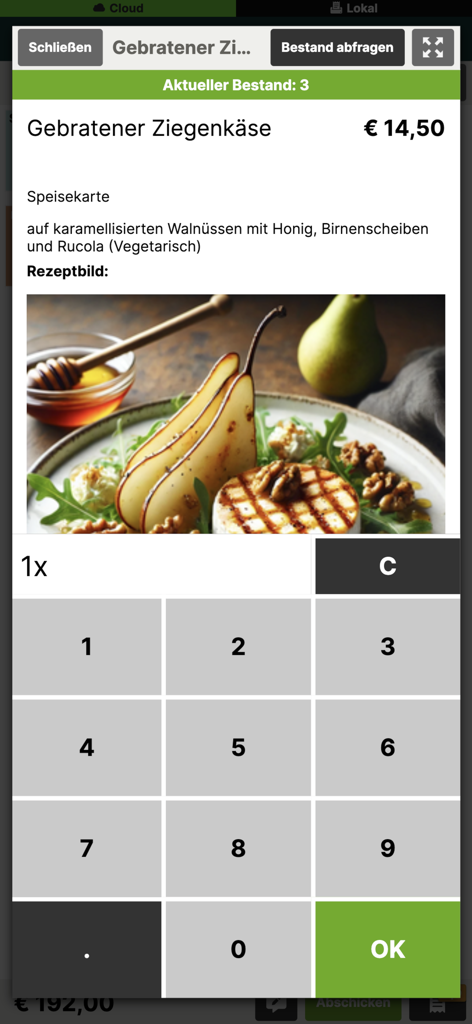 gastronovi Office - gastronovi Office mobile app showing a detailed food menu item with ordering keypad and live inventory